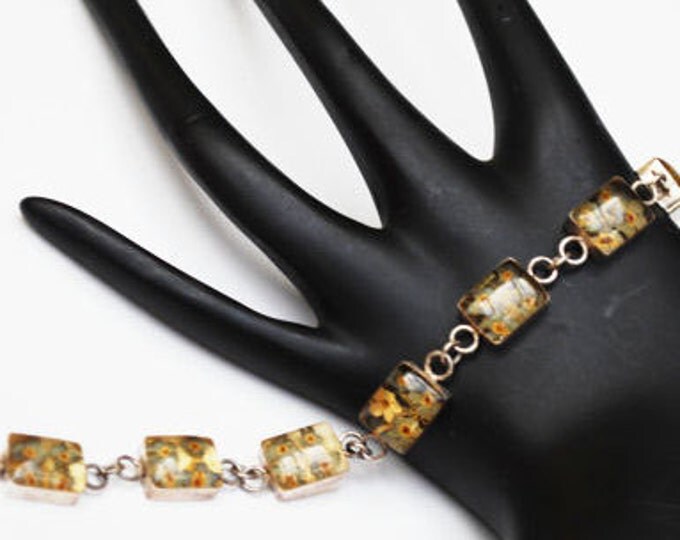 Sterling Link bracelet - Dried Yellow Flower in resin stone - Lucite bangle