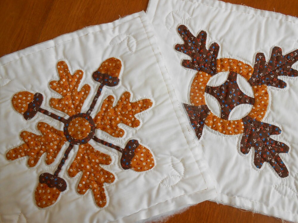 2 Quilt Blocks or Pillow Tops Acorn Oak Leaf Patchwork
