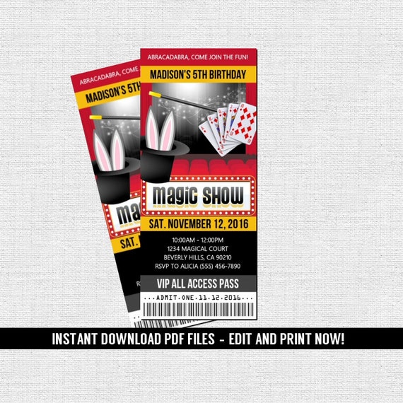 magic show ticket invitation birthday party instant download