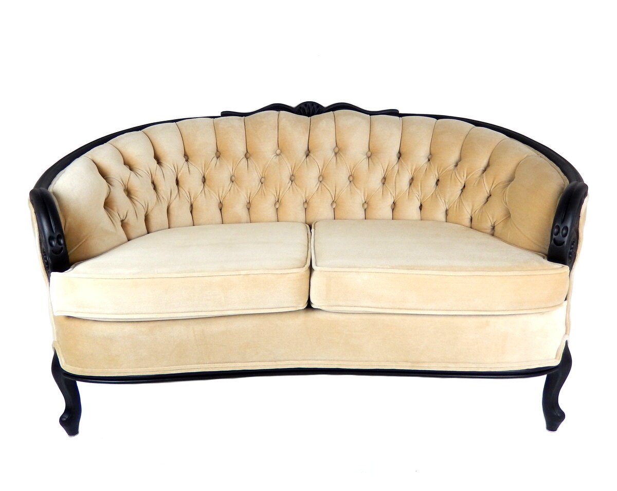 Hollywood Regency Sofa Couch Loveseat Tufted Velvet Couch Black Wood