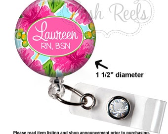 Retractable Badge Reel - Pink Floral Badge Reel - Preppy Badge Holder - Choice of Badge Reel, Stethoscope ID Tag, Carabiner, Lanyard - 1101