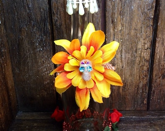 Day-of-the-Dead Vase / Dia de los Muertos Tall Candle Holder / Folk Art Glass Bottle Altar / Ofrenda Decoration / All Souls Day Home Decor