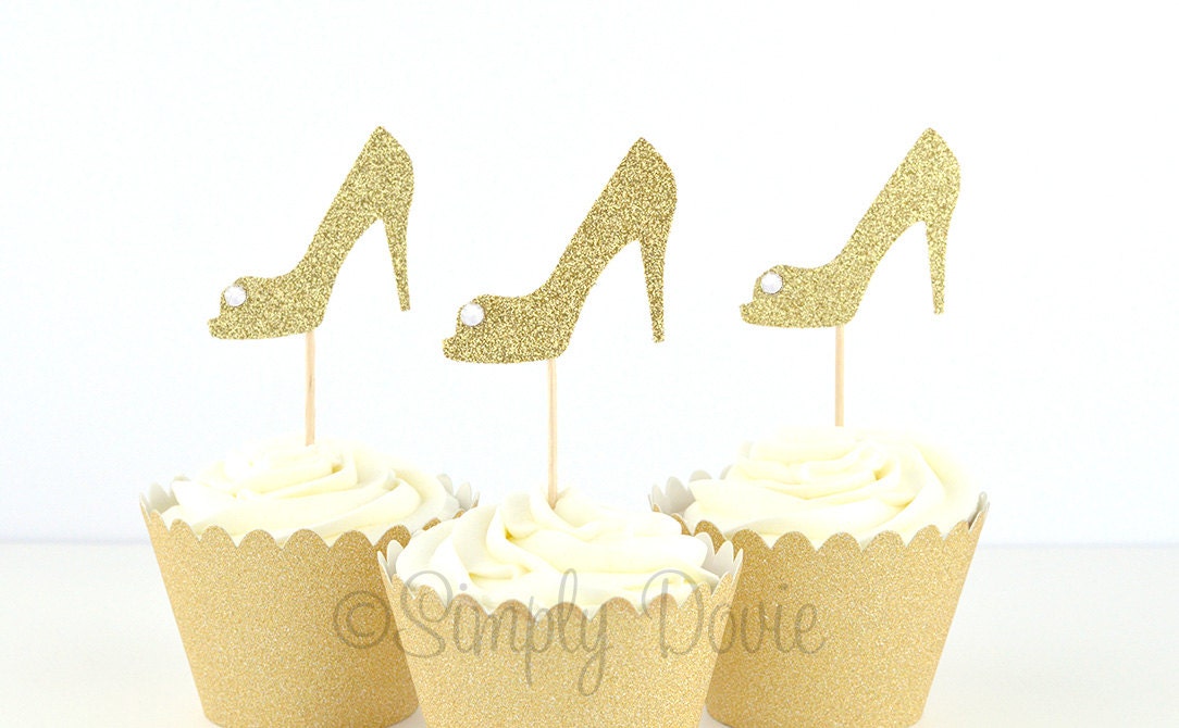 Gold Glitter High Heel Cupcake Toppers Bridal Shower Gold