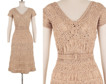 Mojave Lace Dress / 1950s Vintage Sheer Beige Bombshell Illusion 50s Pinup Belted Crochet Midi Party Dress S/M