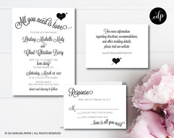 Printable Wedding Invitation. All You Need Is Love. Beatles Wedding Invite. Love Is All You Need.