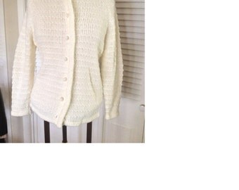 Adorable vintage cream knit sweater cardigan with pom pom buttons
