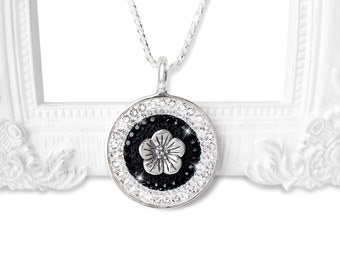 Black and White Necklace, Jet Black and Crystal Clear Swarovski Crystal Necklace, Sterling Silver Swarovski Crystal Flower Pendant Necklace