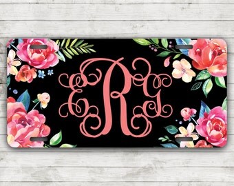 Classy Floral Front License Plate Personalized Monogrammed Black Car Tag Car Accessories Gift Sweet 16 Cute Car Accessories For Women