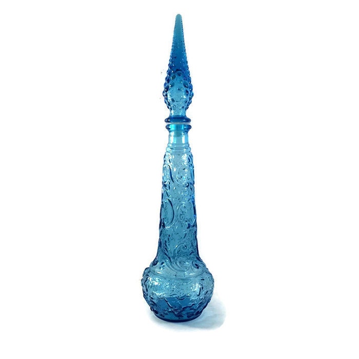 Mid Century Glass Genie Bottle Blue Genie Bottle By Vintagevybe