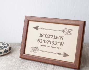 3rd wedding anniversary gift, leather wedding sign, engraved leather anniversary family name sign, framed leather picture, GPS coordinates