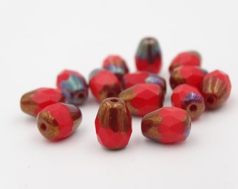 Czech Glass 8x6mm Red Bronze Drop Thru-Cut 12 Pieces