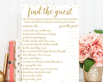 Find the Guest Bridal Shower Game - Bridal Shower Game - Instant Download - Bridal Shower Printable - White Gold BRS1