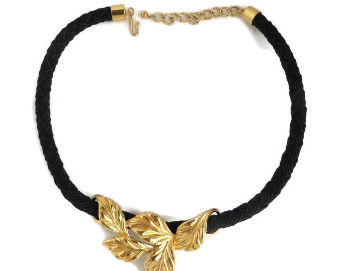 Gold Tone Leaf Braided Choker, Vintage Black Braid Necklace, Slide Pendant, FREE SHIPPING