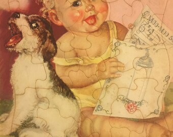 Two vintage cardboard puzzles of children & animals by Walzer 11X14