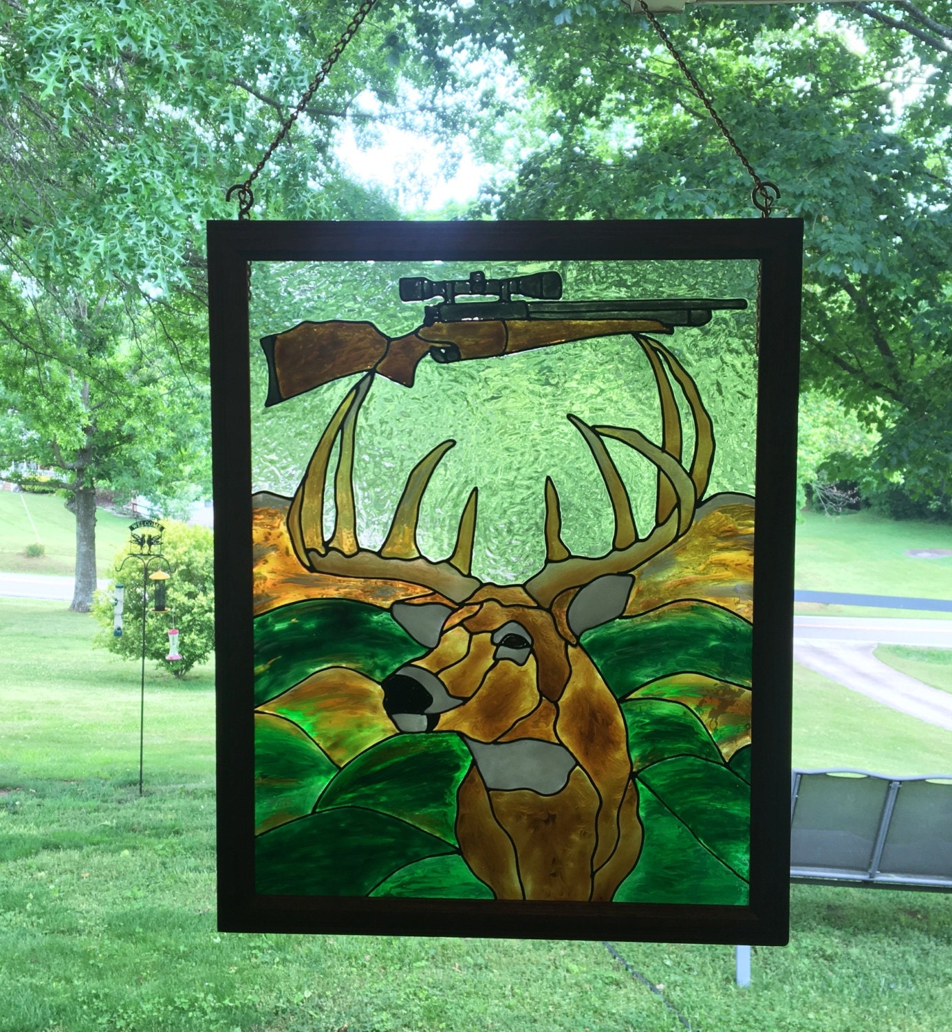 Deer Hunting Stain Glass Panel/ Deer Faux by CreativeGlassByBecky
