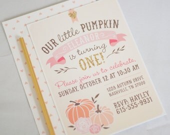 Our Little Pumpkin Birthday Invitation - First Birthday Invitation, Pumpkin, Girl Birthday Invitation