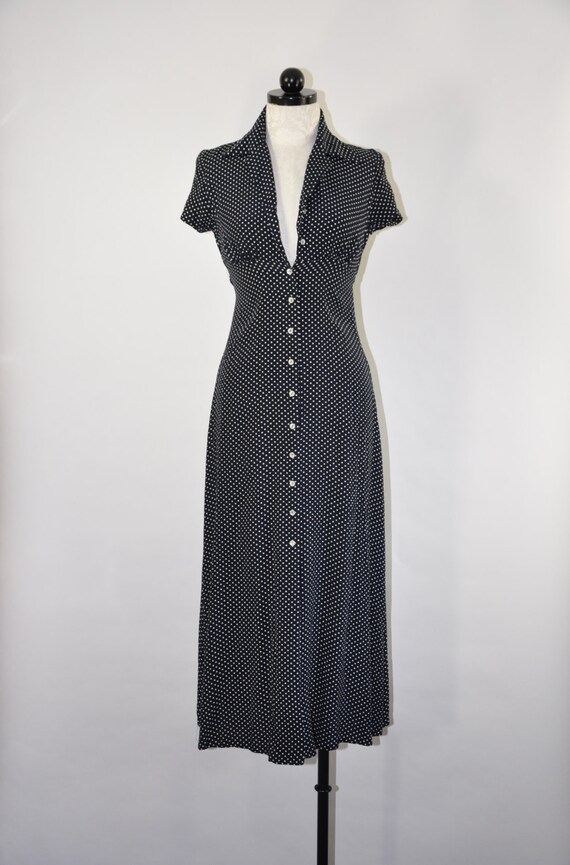 90s black polka dot dress / 1990s button front long dress