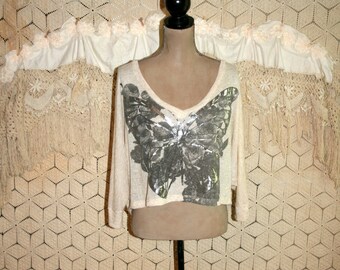 Crop Top Butterfly Top Slouchy Shirt Knit Linen Oversized Dolman Sleeve Gray Beige Sweater Top Womens Blouses Medium Large Womens Clothing