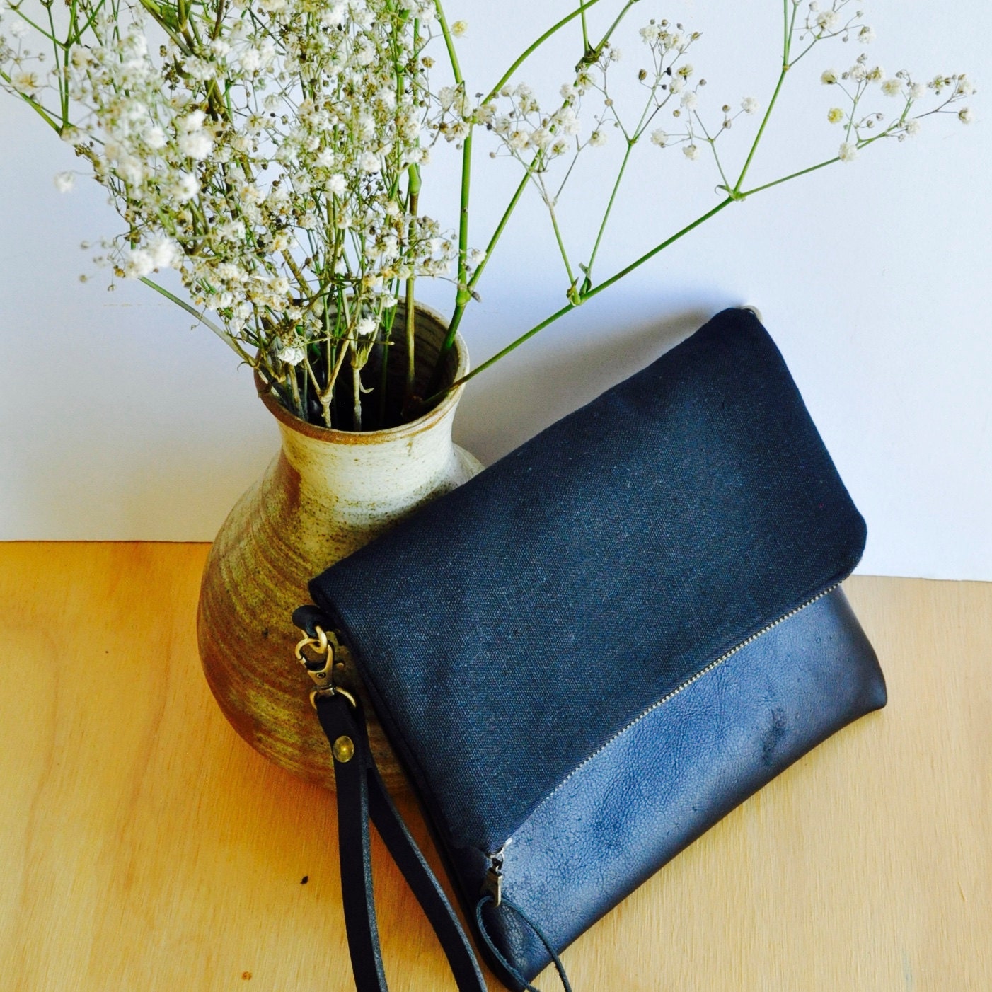 Black Leather Foldover Clutch Purse with eco linen cross