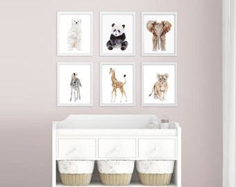 Baby Animal Nursery Prints - Minimalist Nursery Decor - Zoo Animals - Childrens Art - Set of 6 - Modern Nursery Prints - Zoo Animal Nursery