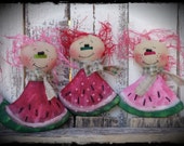 Watermelon Gals, Primitive Rag Doll Folk Art, Raggedy, Summer Decor, Shelf Tuck, Bowl Filler, OFG FAAP