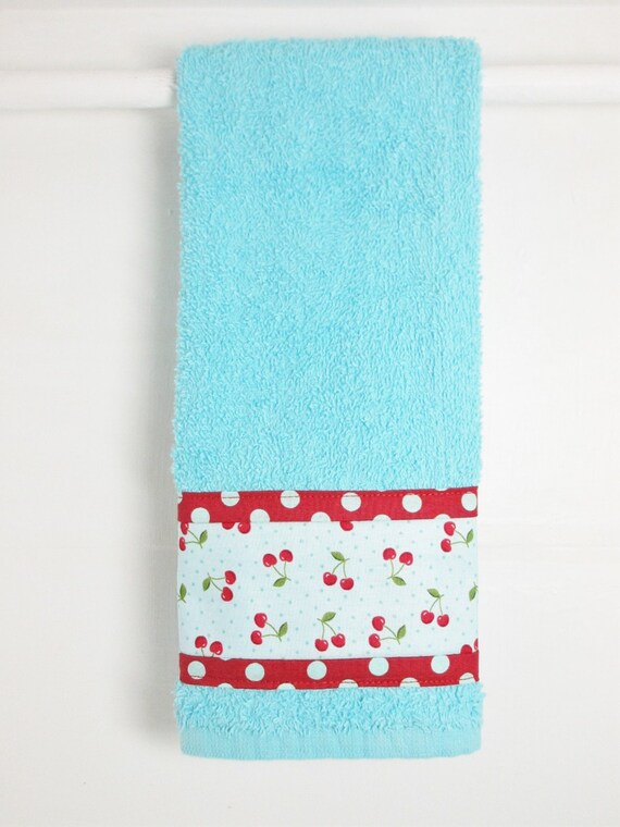 Cherries Hand Towel Aqua Teal Hand Towel Cherry Kitchen