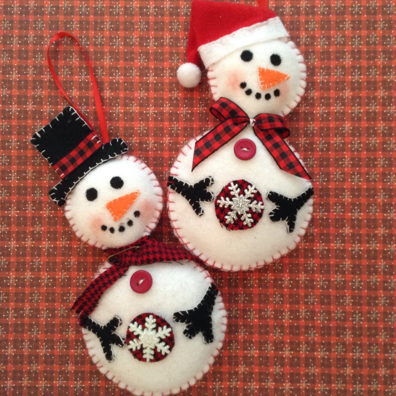 Snowman Ornaments / Christmas Felt Snowman Ornaments / Set of