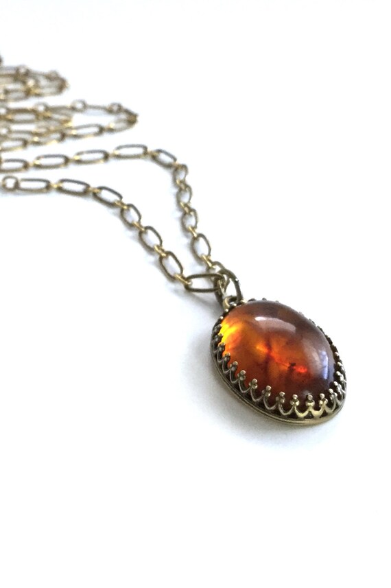 Amber Pendant Necklace Oval Stone Jewelry Antiqued Brass