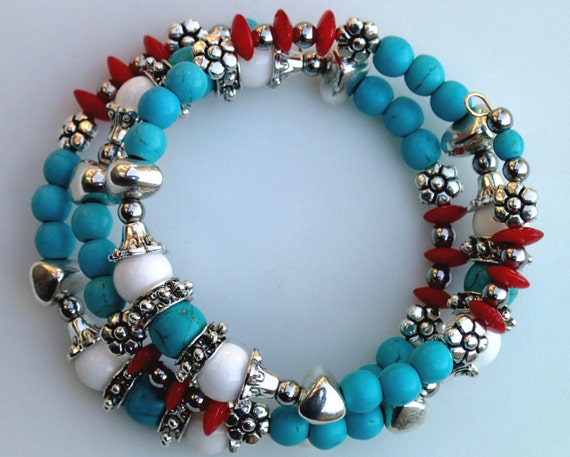 Turquoise coral and agate memory wire bracelet blue red white