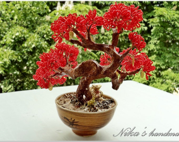 Wire Beaded Red Artificial Feng shui Tree bonsai "Autumn in Japan"