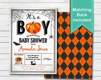 Halloween baby shower invitation. Fall pumpkin couples baby shower digital invitate. Orange, black, spider web, black cat, bat. HA021