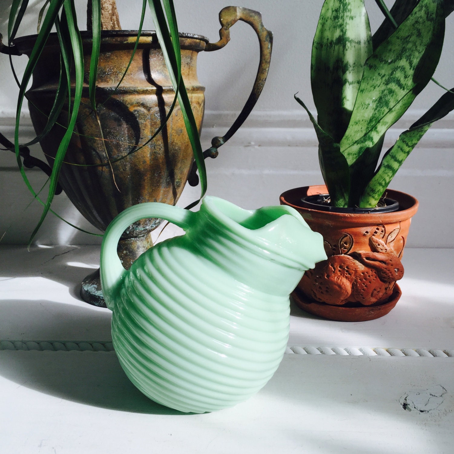 Jadeite Ribbed Glass Water Pitcher