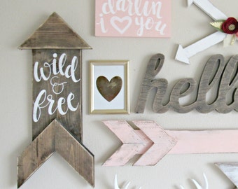 Woodland Nursery Decor // Wild & Free Wood Sign // Hand-Lettered Hand-Painted // Rustic Arrow