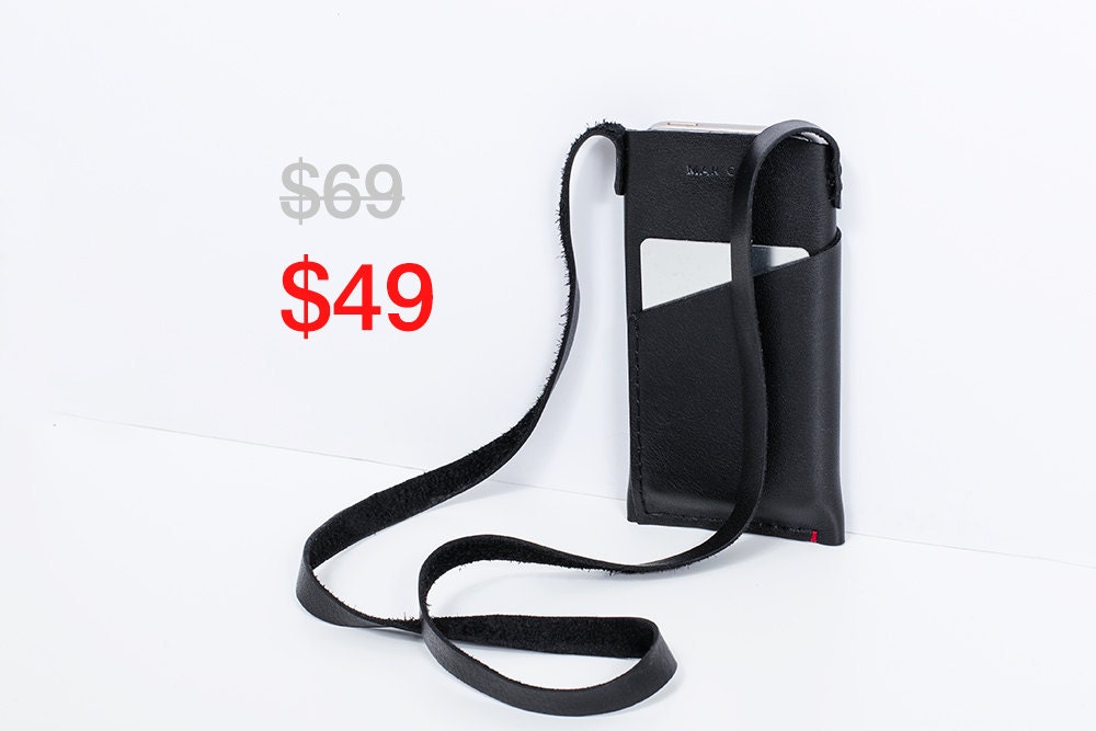 SALE iPhone 5 Neck Strap Black Leather Case Pockets for
