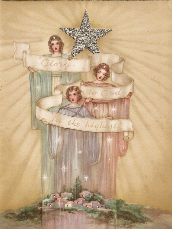 Vintage Art Deco Christmas card angels with star by BigGDesigns