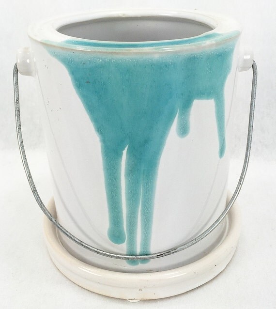Glazed Ceramic Paint Can Pot/Saucer Turquoise 4 by HirtsGardens