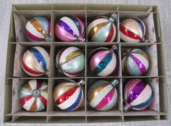 12 Vintage Polish Christmas Ornaments Frosted Mica Stripes