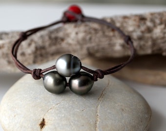 Tahitian pearls, australian leather, woman bracelet, coral bambou as clasp