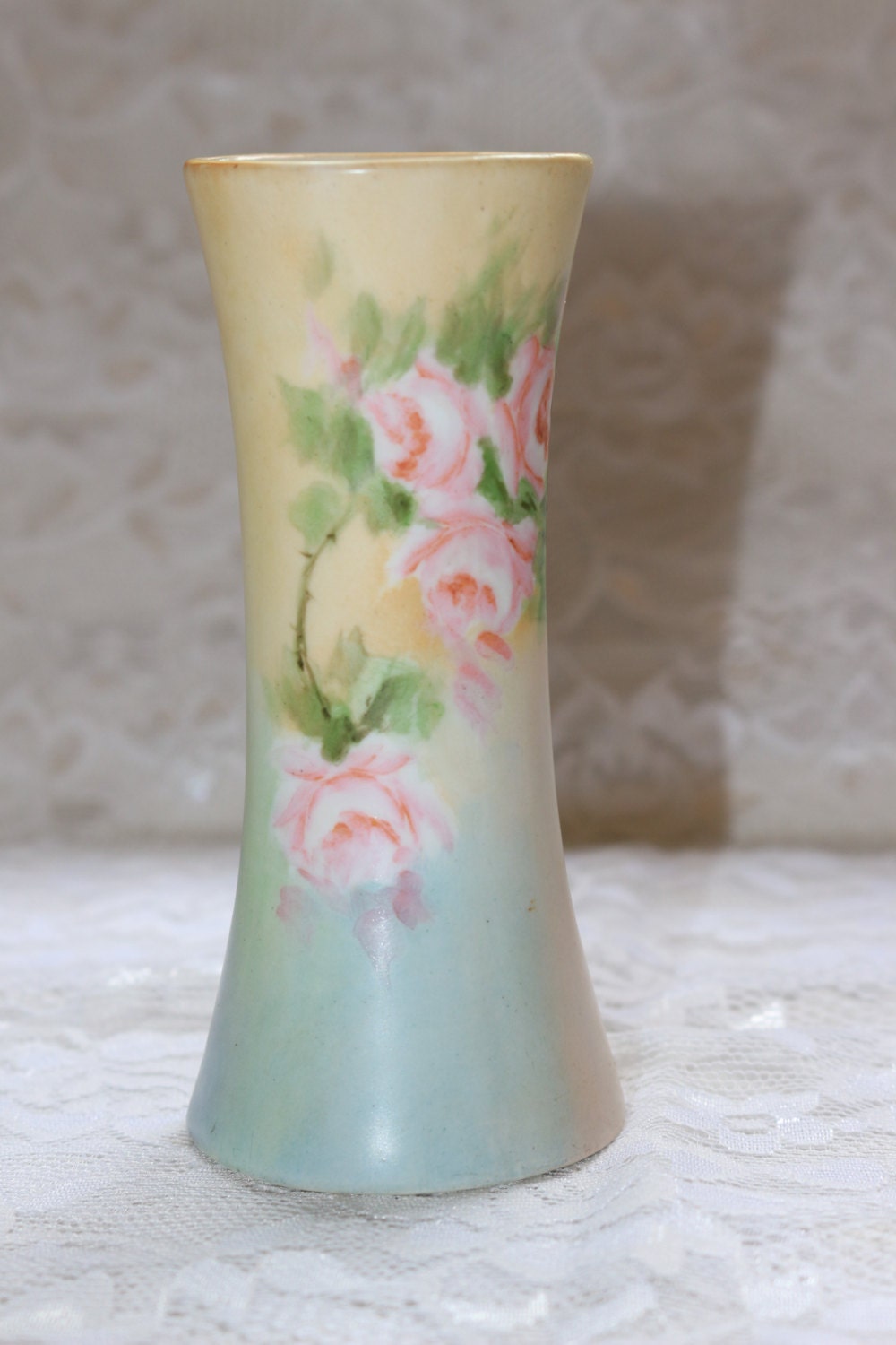 Vintage Porcelain Hat Pin Holder Vase Floral Pink Roses Yellow