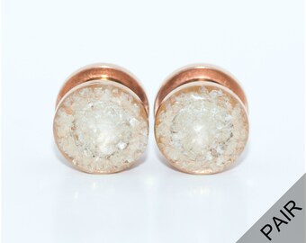 Pearl Crushed Glass on Rose Gold Plugs / 16g, 10g, 8g, 6g, 4g, 2g, 0g, 00g, 7/16, 1/2, 9/16, 5/8, 3/4, 11/16, 7/8, 1 in / glass gauges