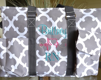 19" or 16" Grey Clover Utility tote, Large Utility Tote, Nurse's Tote, Teacher's Tote, Personalized