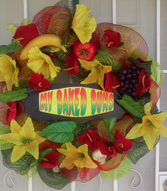 Red Yellow and Green Deco Mesh WreathTropical Jamaican