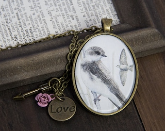 Swallow Necklace, Swallow Bird Jewelry, Bird Necklace Mom, Jewelry for Mom, Bird Lover Gift, Postage, Stamp Necklace, Fun Girlfriend Gift