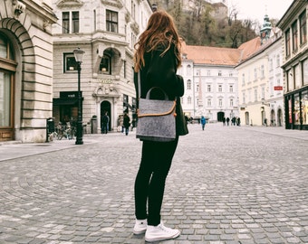 Handmade messenger bag - with laces to adjust the size, grey and orange brown leather - College School Bag, Crossbody Bag - Anniversary gift