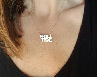 University of Alabama Roll Tide Necklace; Silver, Brass, or Gold plated Alabama Necklace; Roll Tide Roll; Alabama Roll Tide; Crimson Tide