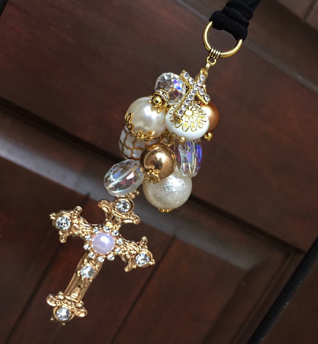 Gold Cross Ornament for Rear View Mirror Car Charm by TheBadaBling