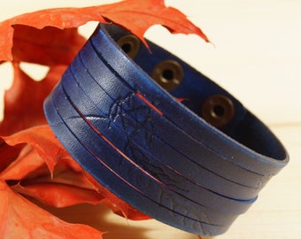 Kite Engraved Navy Blue Multi-strand Wide Leather Wristband, Blue Six-strand Leather Cuff, Blue Leather Wide Bracelet , Kite Engraved Cuff