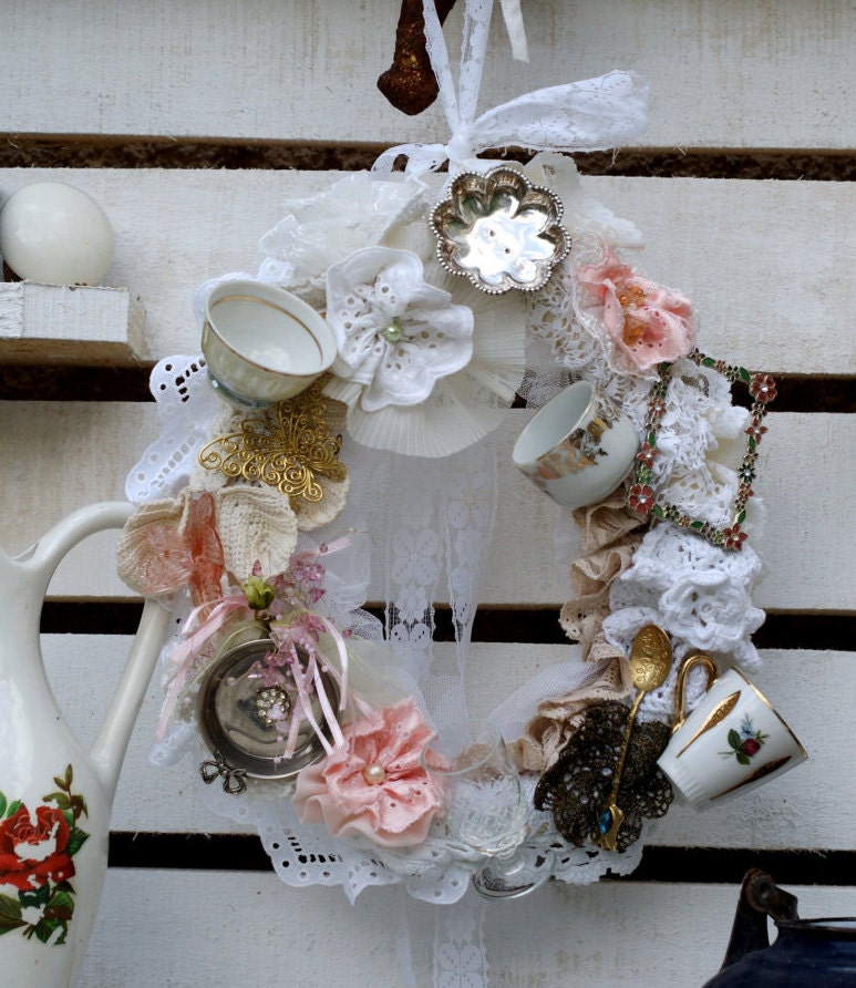 Vintage tea cup wreath.Shabby chic wall by