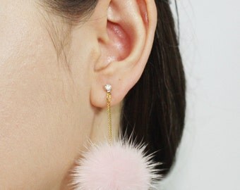 Pom Pom Earrings, Mink Fur Pom Pom Earrings, Fur ball Earrings, Pompom earrings, fur earrings, Pink earrings, white earrings, pompom