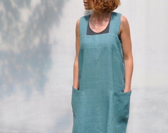 Pinafore custom sea green square cross linen japanese apron / Mens x back no ties linen full apron / Soft linen work and home dress